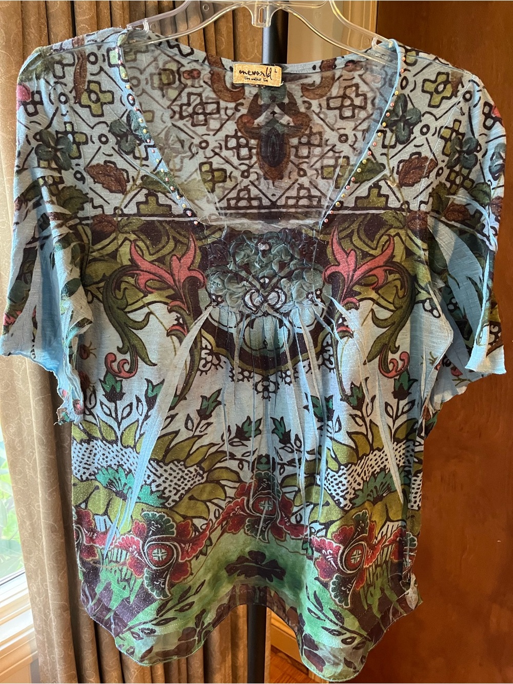 ONE WORLD Teal Multi Floral V-Neck Short Sleeve Top